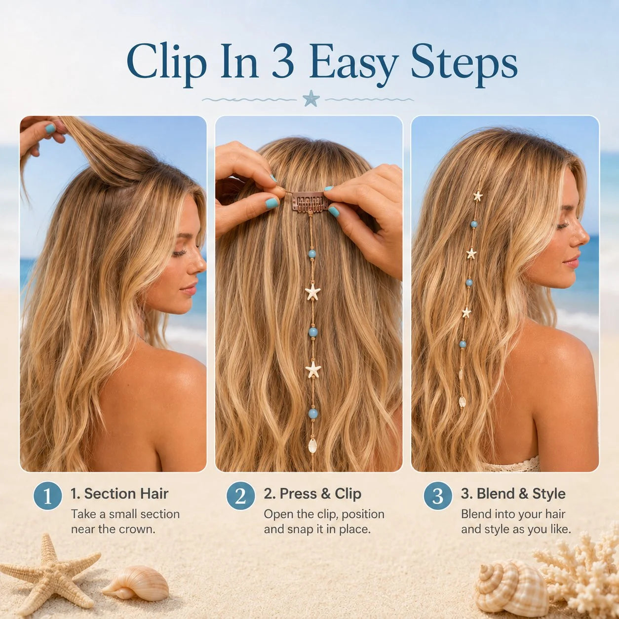 Mermaid Hair Clip with Blue Beads, Starfish and Shell Charms