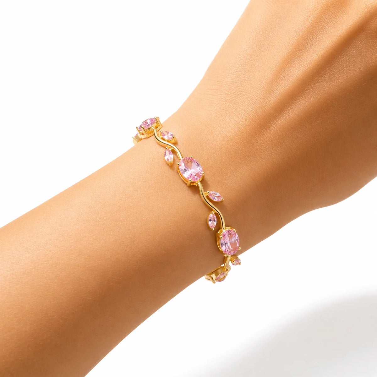 Gold-Plated Stainless Steel Bracelet with Pink Tulips