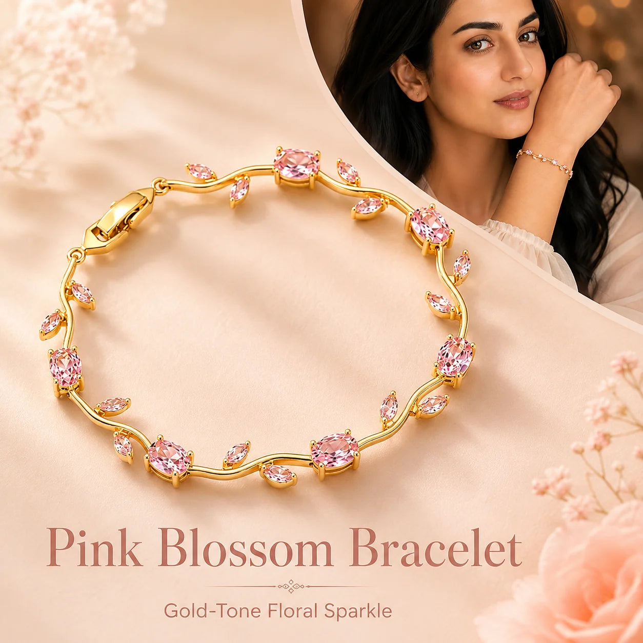 Gold-Plated Stainless Steel Bracelet with Pink Tulips