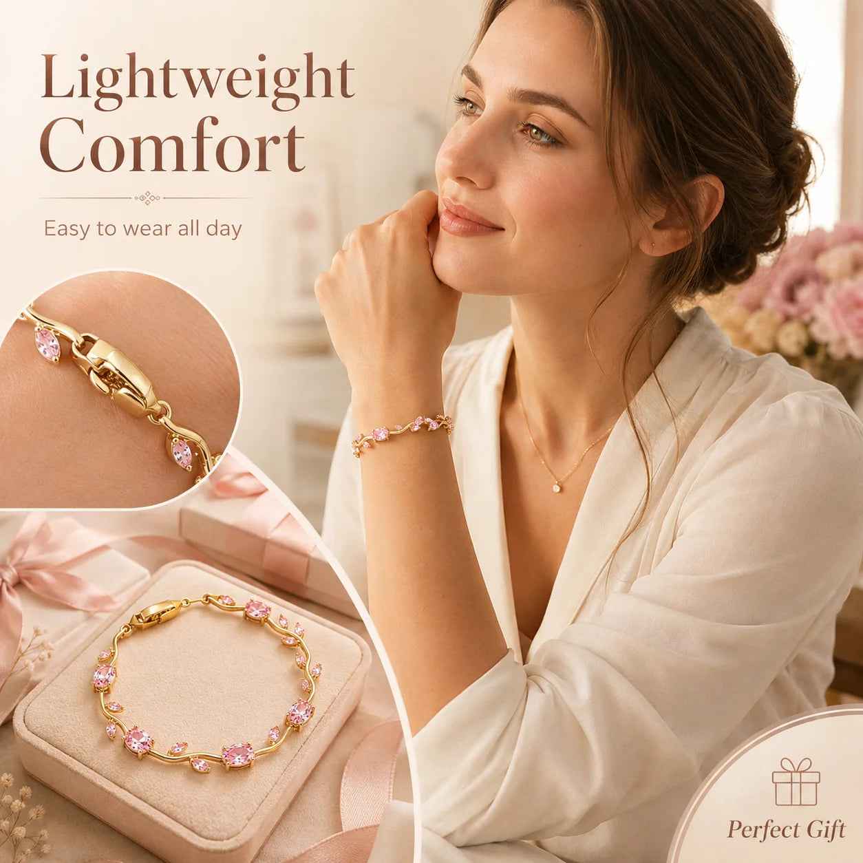 Gold-Plated Stainless Steel Bracelet with Pink Tulips
