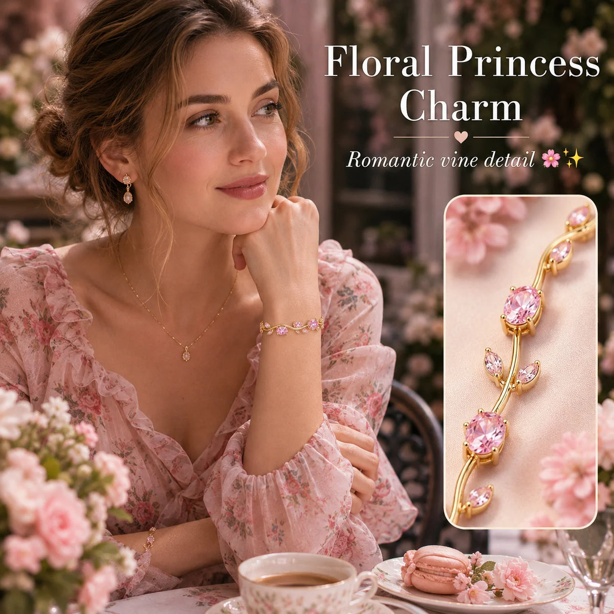 Gold-Plated Stainless Steel Bracelet with Pink Tulips