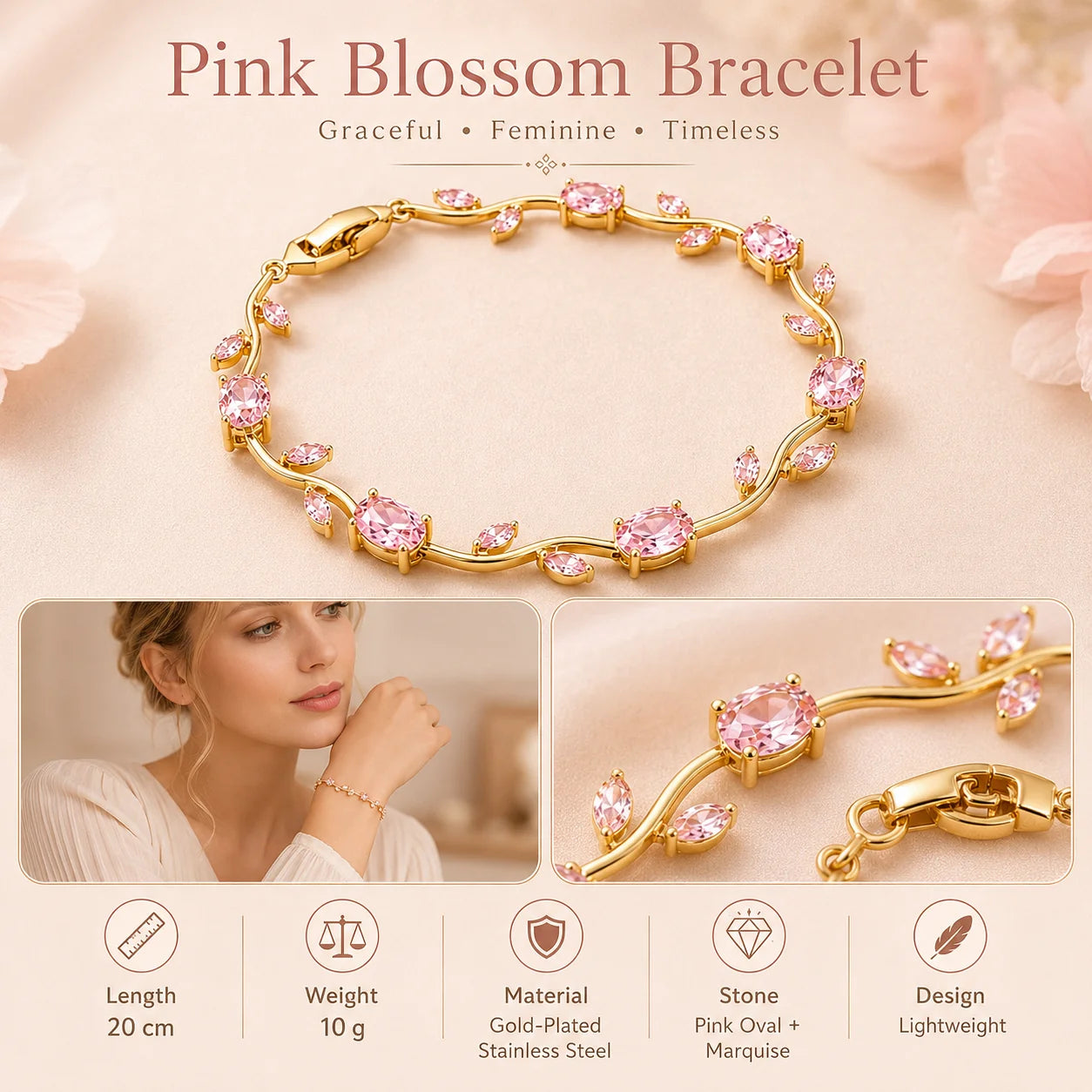 Gold-Plated Stainless Steel Bracelet with Pink Tulips
