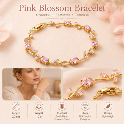 Gold-Plated Stainless Steel Bracelet with Pink Tulips