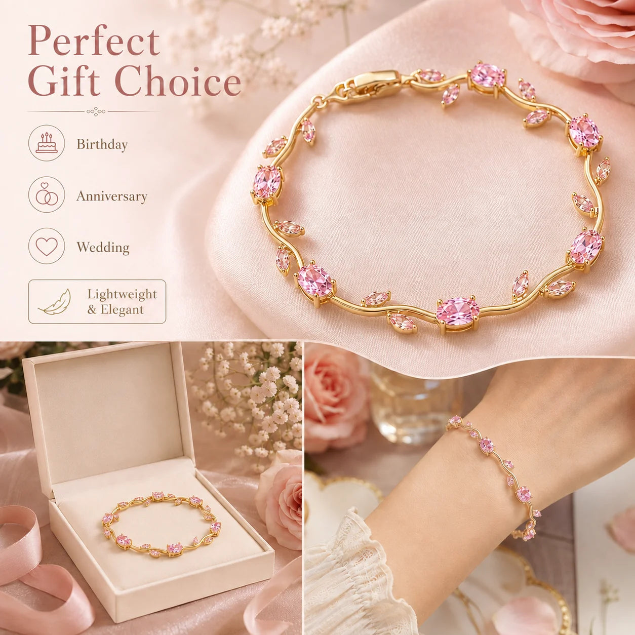 Gold-Plated Stainless Steel Bracelet with Pink Tulips