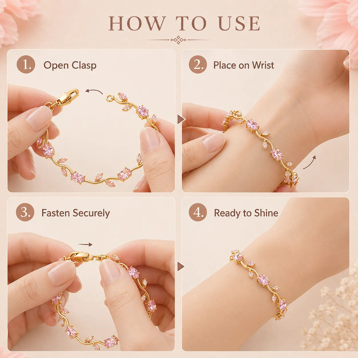 Gold-Plated Stainless Steel Bracelet with Pink Tulips