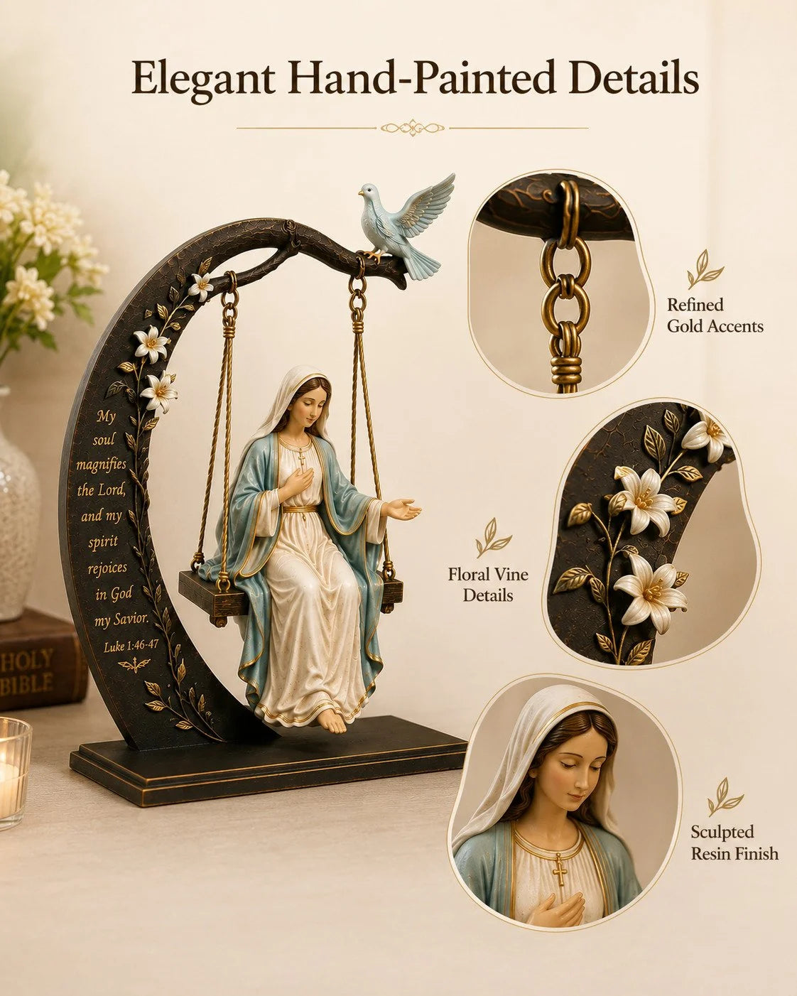 Purpose-Built Blessed Mary Cradle Swing Sculpture – Luke 1:46-47