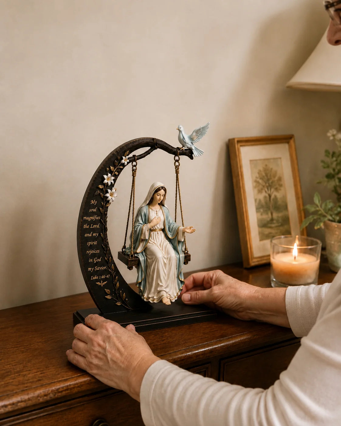 Purpose-Built Blessed Mary Cradle Swing Sculpture – Luke 1:46-47