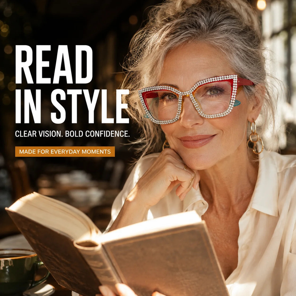 Decorative Cat-Eye Reading Glasses with Diamond Accents – Blue Light