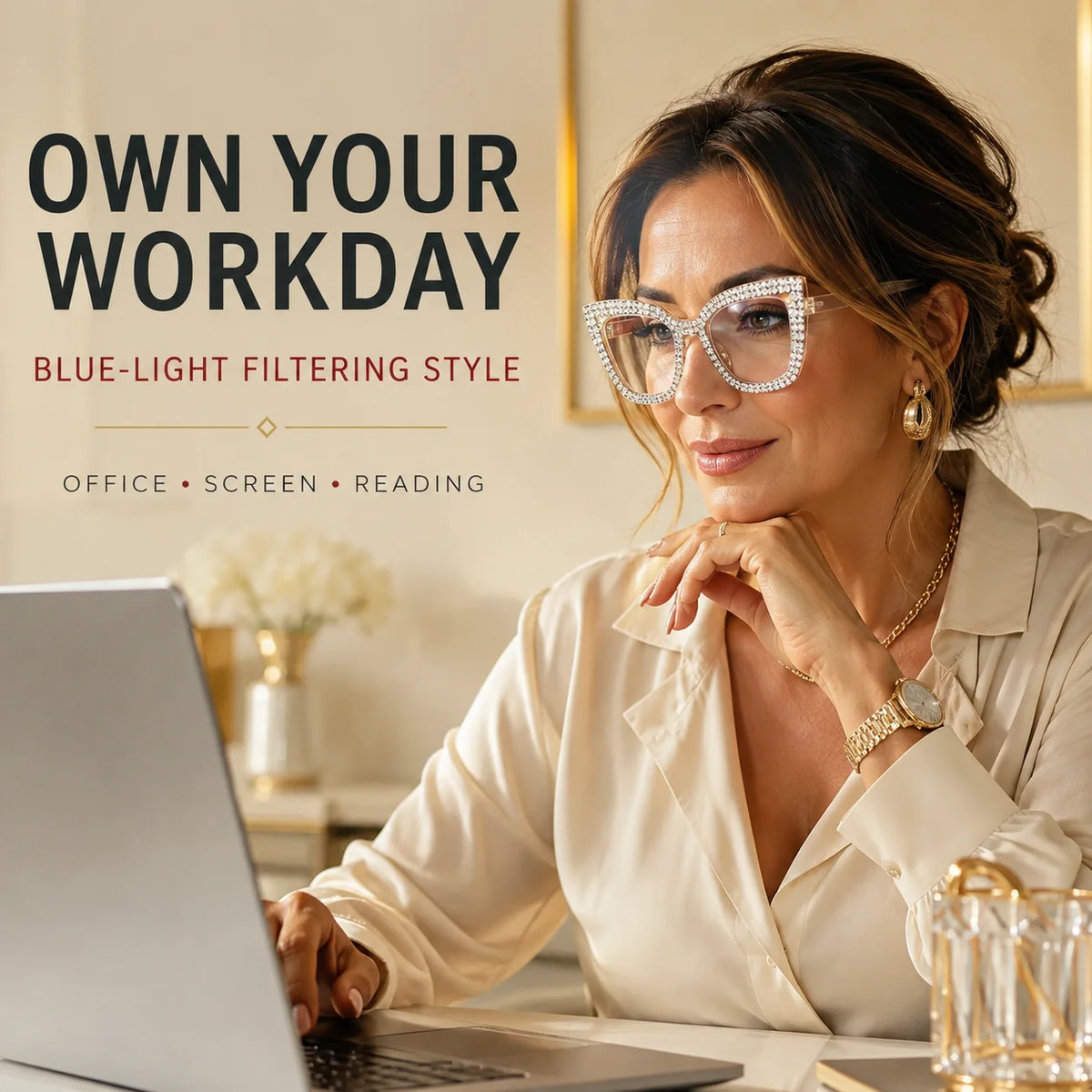 Decorative Cat-Eye Reading Glasses with Diamond Accents – Blue Light