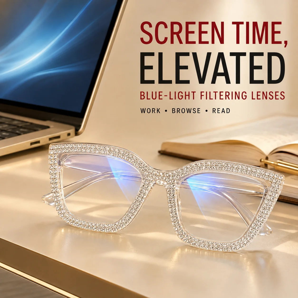 Decorative Cat-Eye Reading Glasses with Diamond Accents – Blue Light