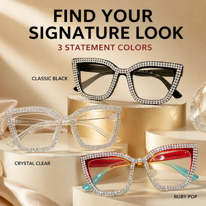 Decorative Cat-Eye Reading Glasses with Diamond Accents – Blue Light