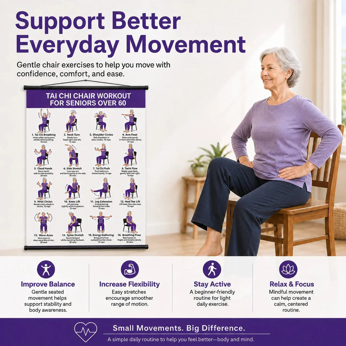Tai Chi Chair Exercise Workout Chart for Seniors, 16 x 24 Inches