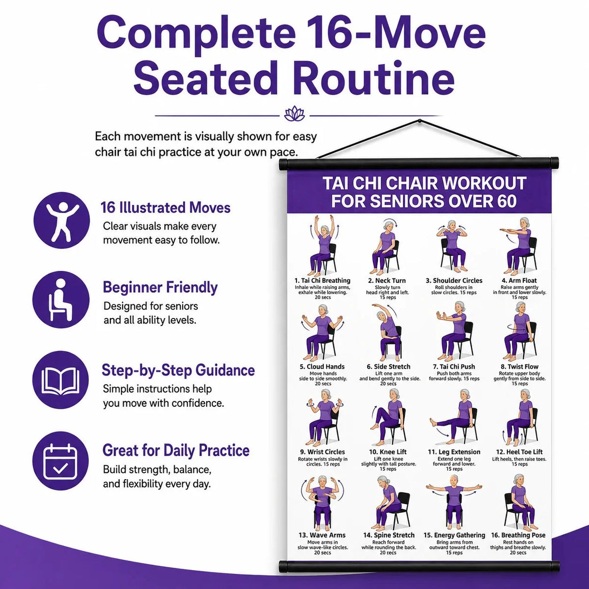Tai Chi Chair Exercise Workout Chart for Seniors, 16 x 24 Inches