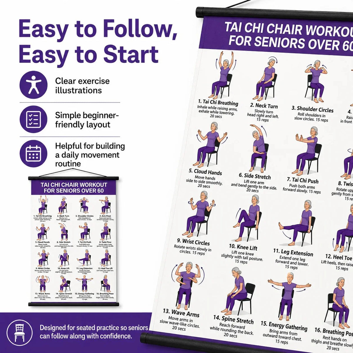 Tai Chi Chair Exercise Workout Chart for Seniors, 16 x 24 Inches