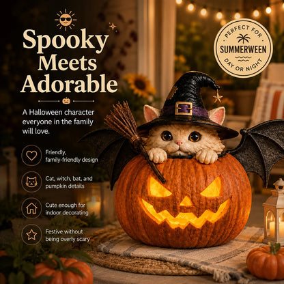 Decorative Summerween Lighted Witch Cat Pumpkin Decor with Flickering
