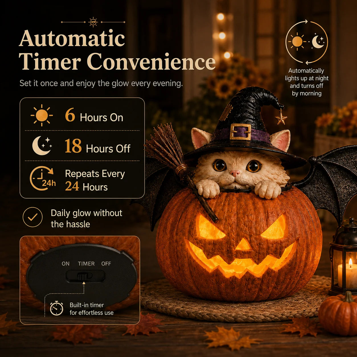 Decorative Summerween Lighted Witch Cat Pumpkin Decor with Flickering