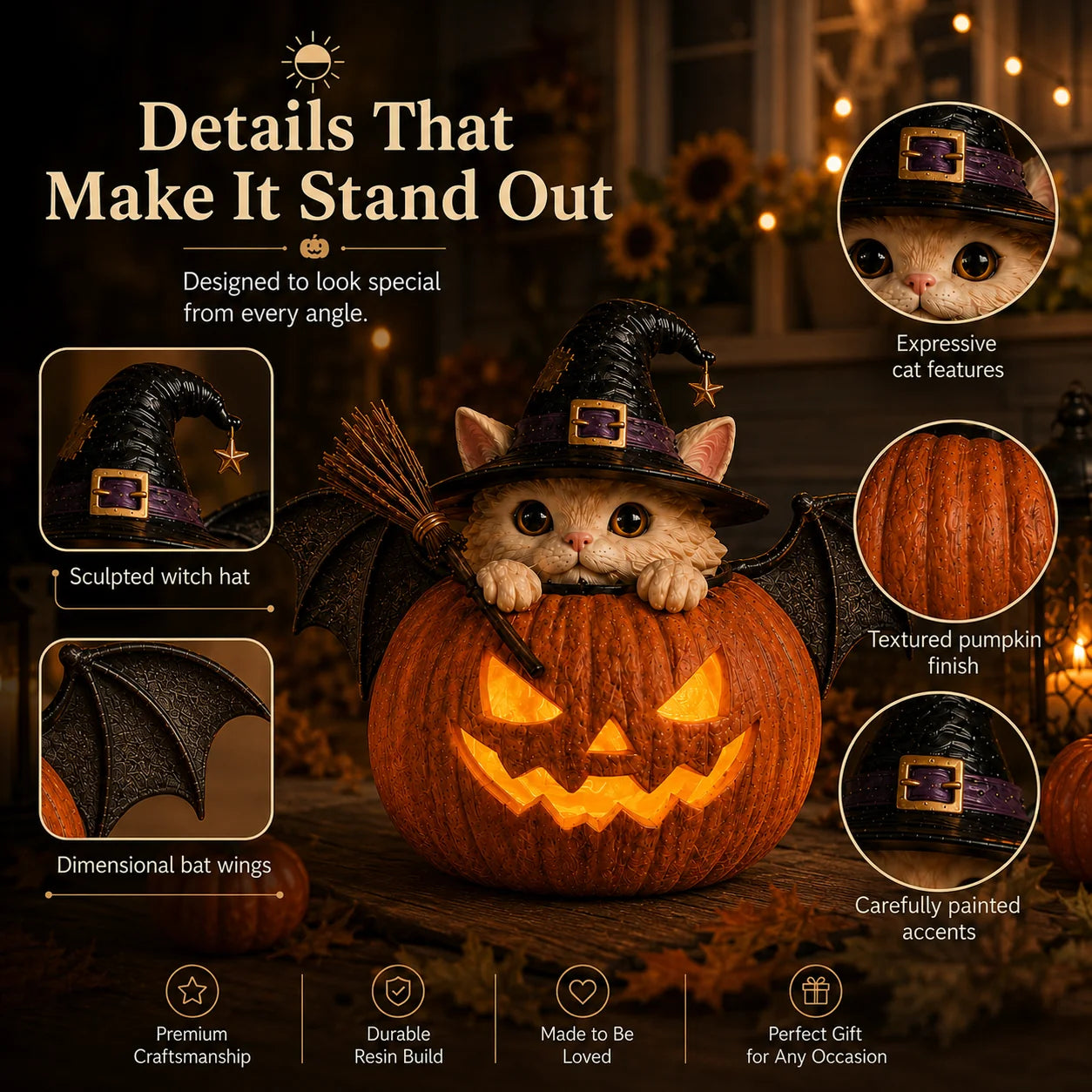 Decorative Summerween Lighted Witch Cat Pumpkin Decor with Flickering