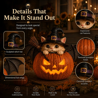 Decorative Summerween Lighted Witch Cat Pumpkin Decor with Flickering