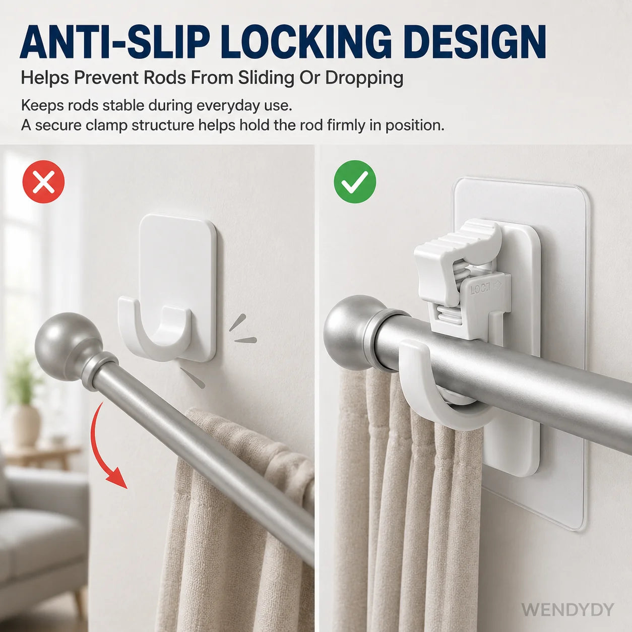 Space-Saving Nail- Adjustable Curtain Rod Hooks for Organized Storage
