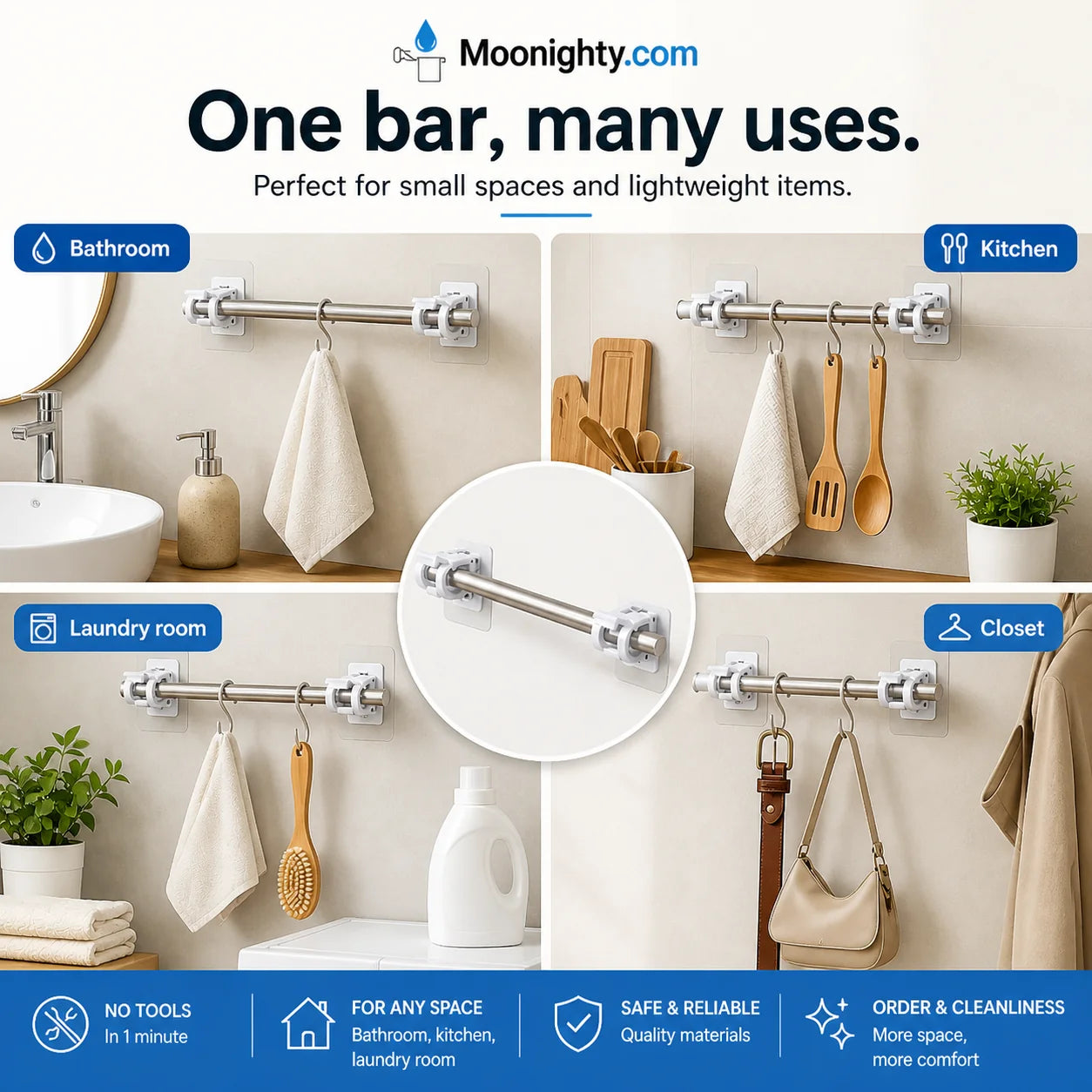 Space-Saving Nail- Adjustable Curtain Rod Hooks for Organized Storage