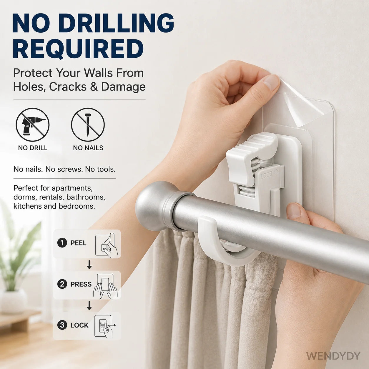 Space-Saving Nail- Adjustable Curtain Rod Hooks for Organized Storage
