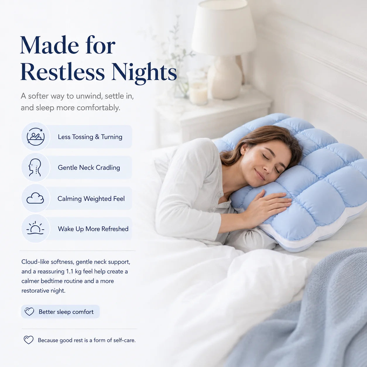 Purpose-Built Cloud-Like Weighted Comfort Pillow – Soft Neck