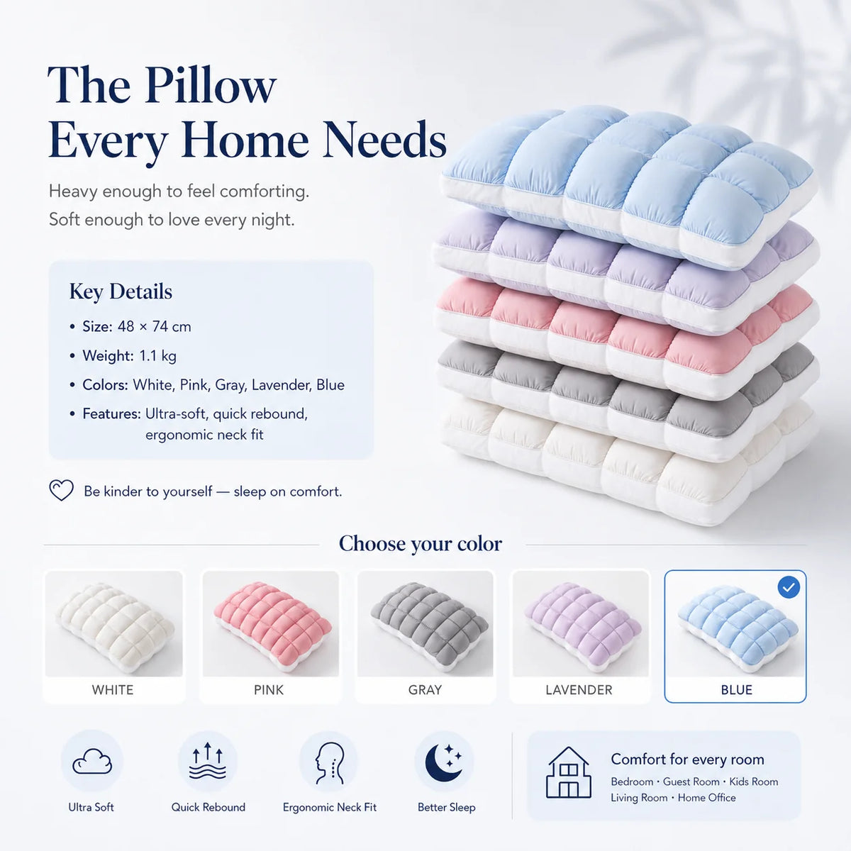 Purpose-Built Cloud-Like Weighted Comfort Pillow – Soft Neck