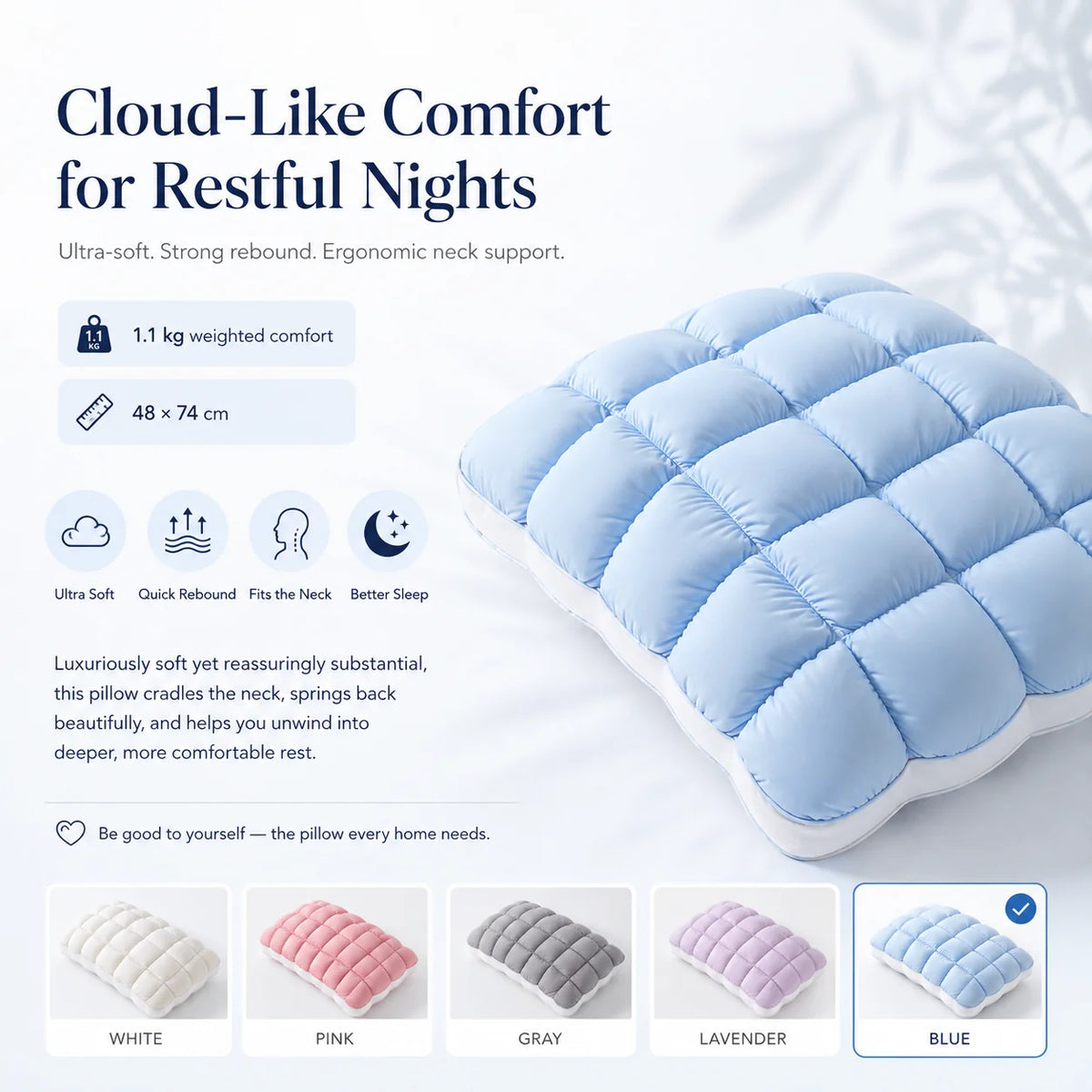 Purpose-Built Cloud-Like Weighted Comfort Pillow – Soft Neck