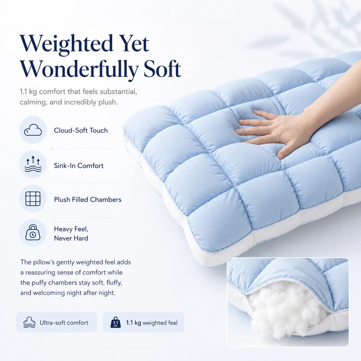 Purpose-Built Cloud-Like Weighted Comfort Pillow – Soft Neck