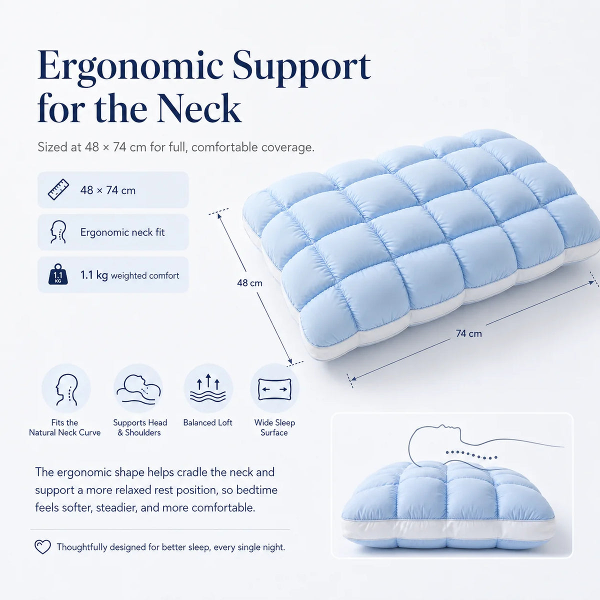 Purpose-Built Cloud-Like Weighted Comfort Pillow – Soft Neck