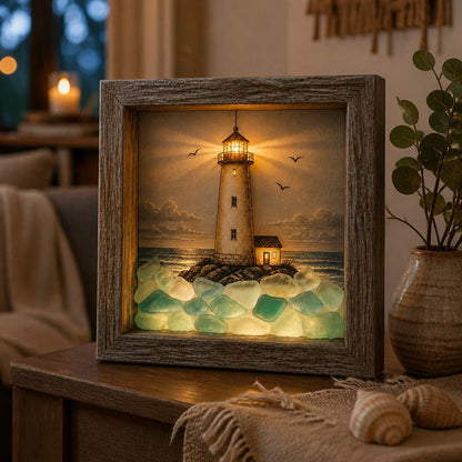 Decorative Coastal Lighthouse Sea Glass Shadow Box Night