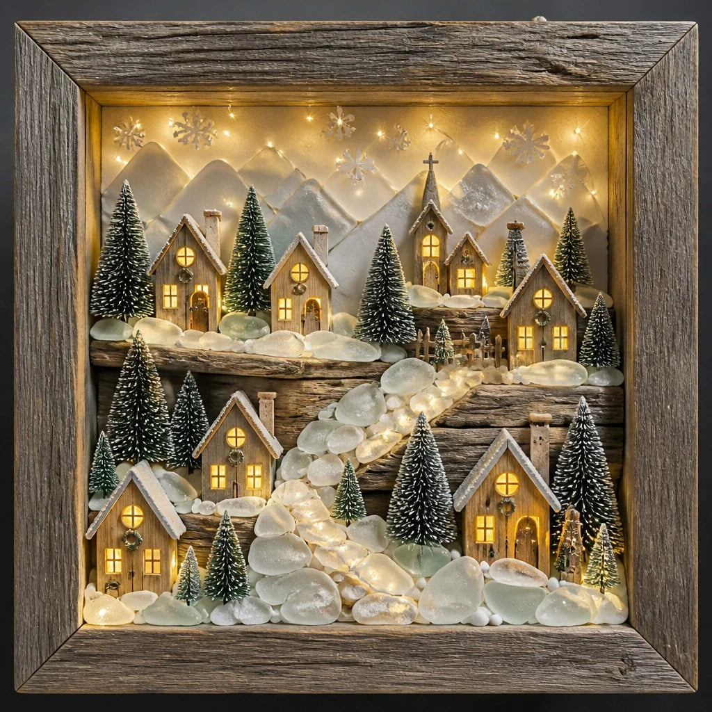 Decorative Coastal Lighthouse Sea Glass Shadow Box Night