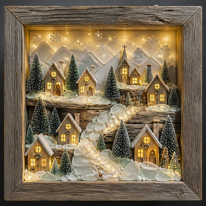 Decorative Coastal Lighthouse Sea Glass Shadow Box Night