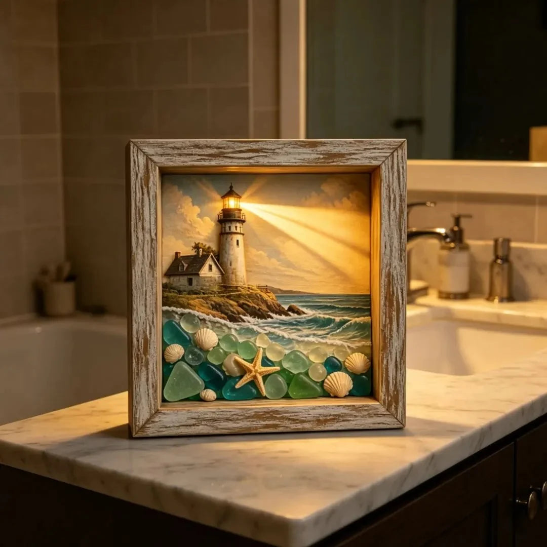 Decorative Coastal Lighthouse Sea Glass Shadow Box Night