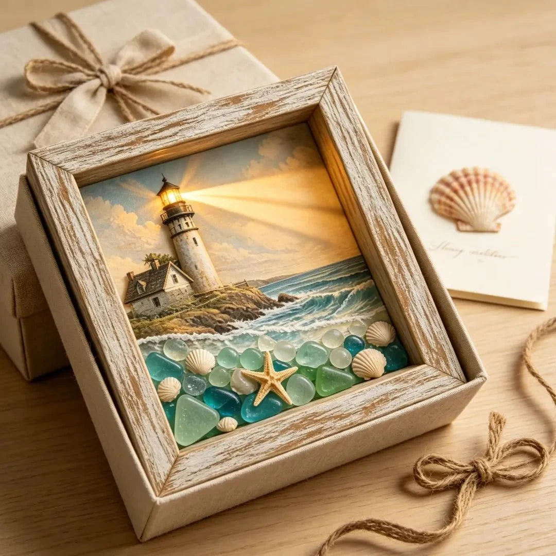 Decorative Coastal Lighthouse Sea Glass Shadow Box Night