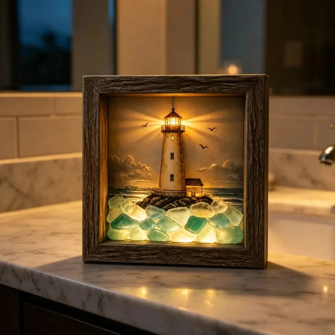 Decorative Coastal Lighthouse Sea Glass Shadow Box Night