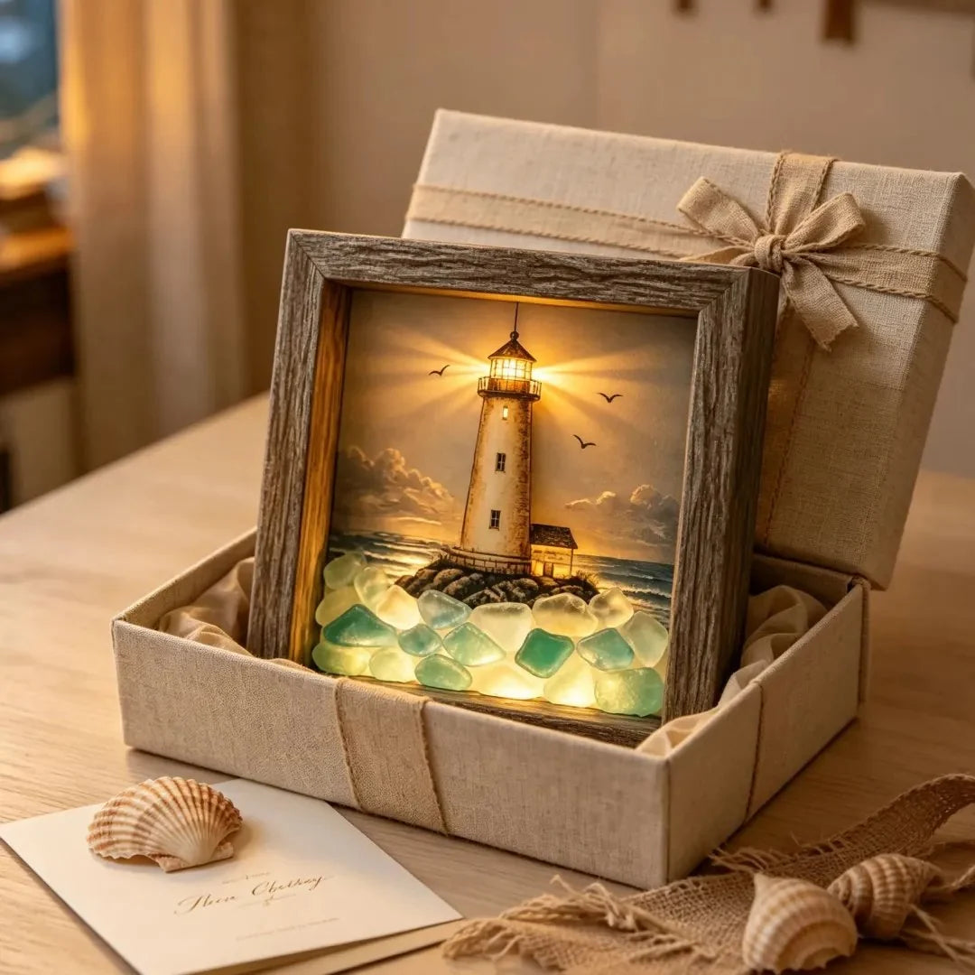 Decorative Coastal Lighthouse Sea Glass Shadow Box Night