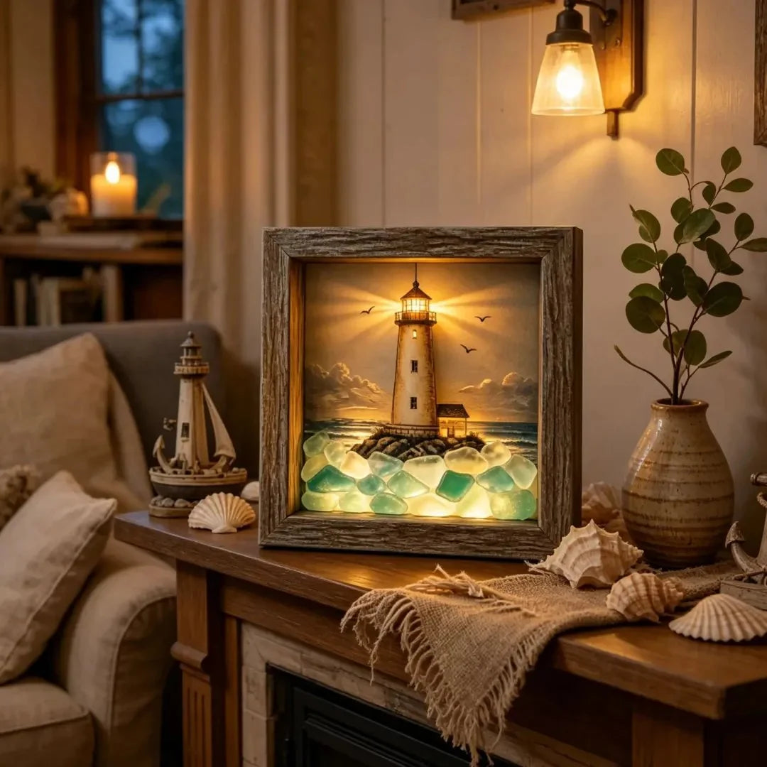 Decorative Coastal Lighthouse Sea Glass Shadow Box Night