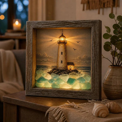 Decorative Coastal Lighthouse Sea Glass Shadow Box Night