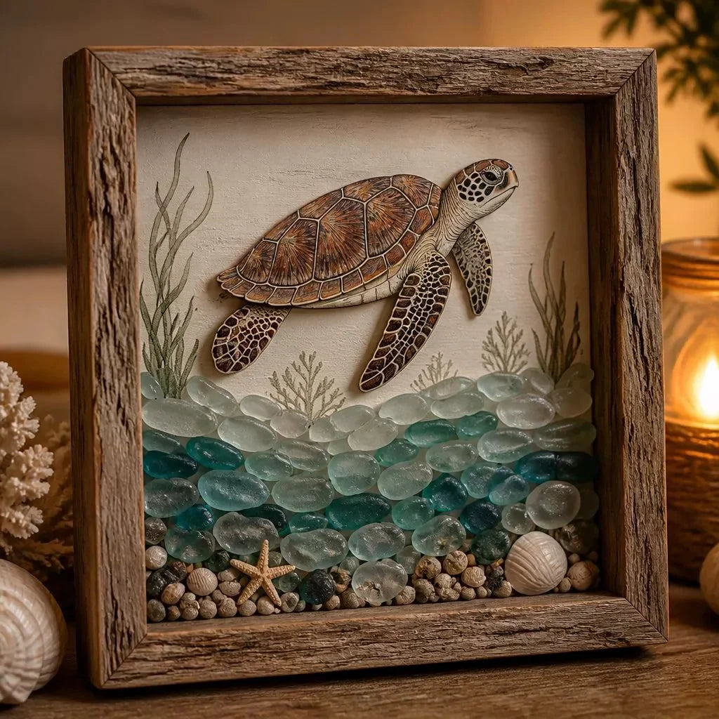 Decorative Coastal Lighthouse Sea Glass Shadow Box Night