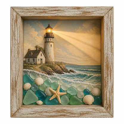 Decorative Coastal Lighthouse Sea Glass Shadow Box Night
