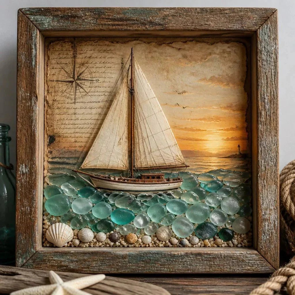 Decorative Coastal Lighthouse Sea Glass Shadow Box Night