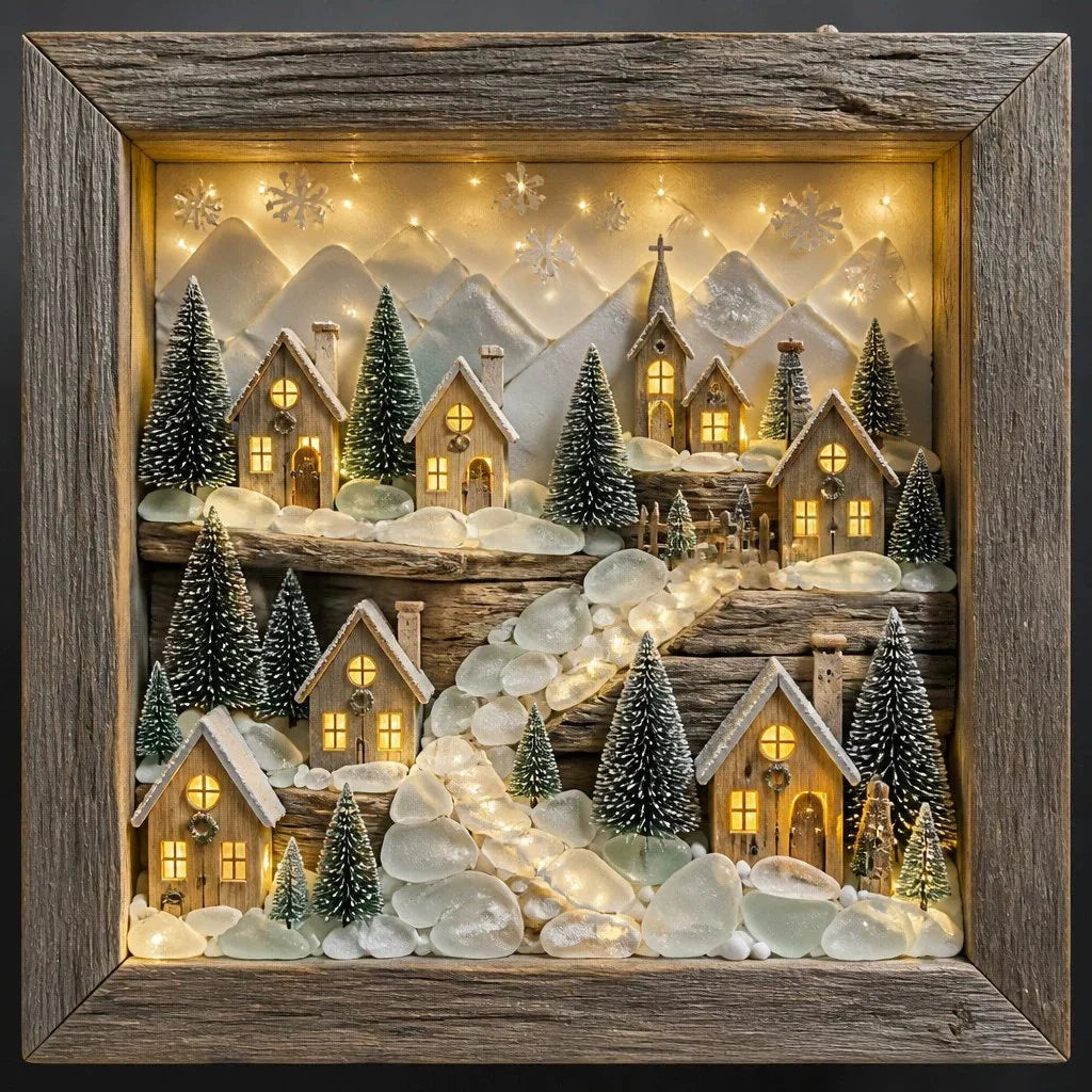 Decorative Coastal Lighthouse Sea Glass Shadow Box Night