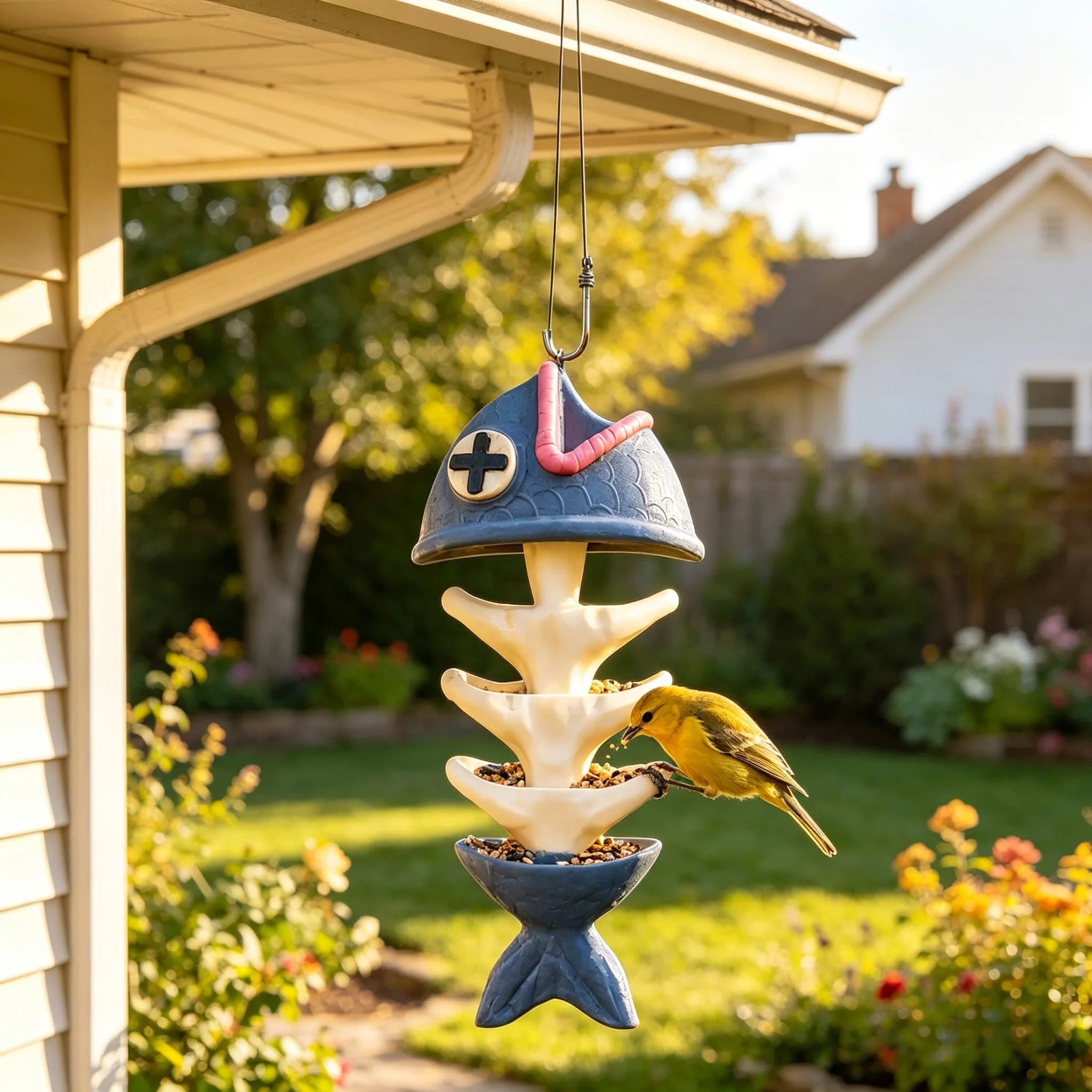 Outdoor-Ready Fish Skeleton Hanging Bird Feeder for Garden Display