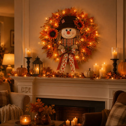 Vehicle-Ready Lighted Scarecrow Fall Wreath for Front