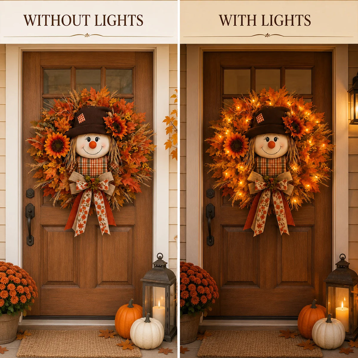 Vehicle-Ready Lighted Scarecrow Fall Wreath for Front