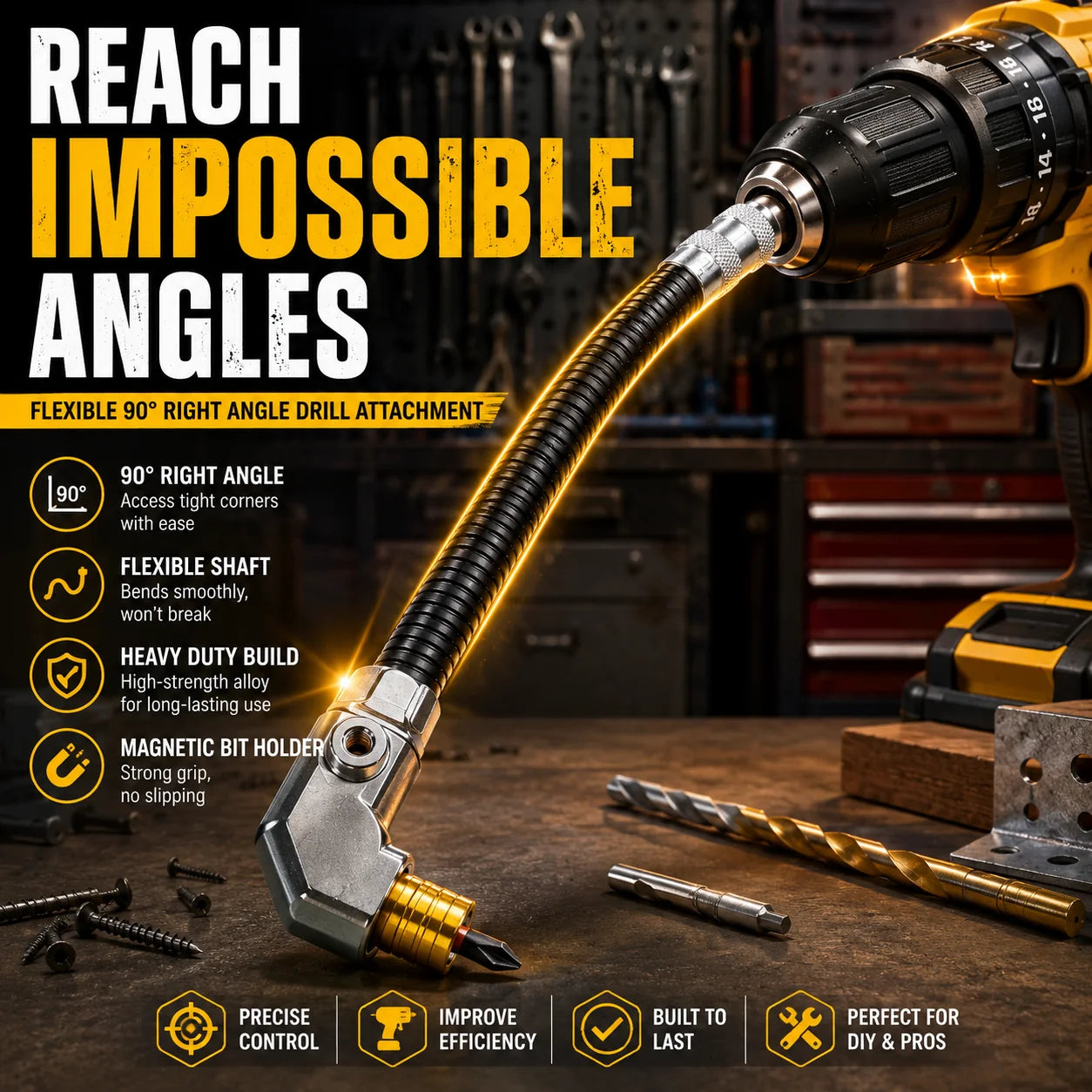 Purpose-Built Flexible 90° Right Angle Drill Attachment – Tight Space