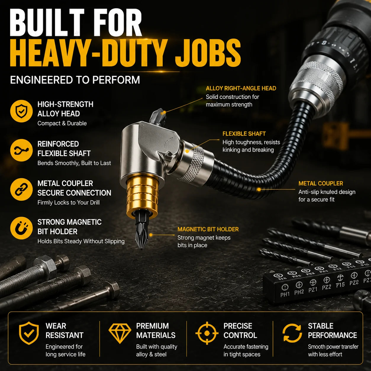 Purpose-Built Flexible 90° Right Angle Drill Attachment – Tight Space