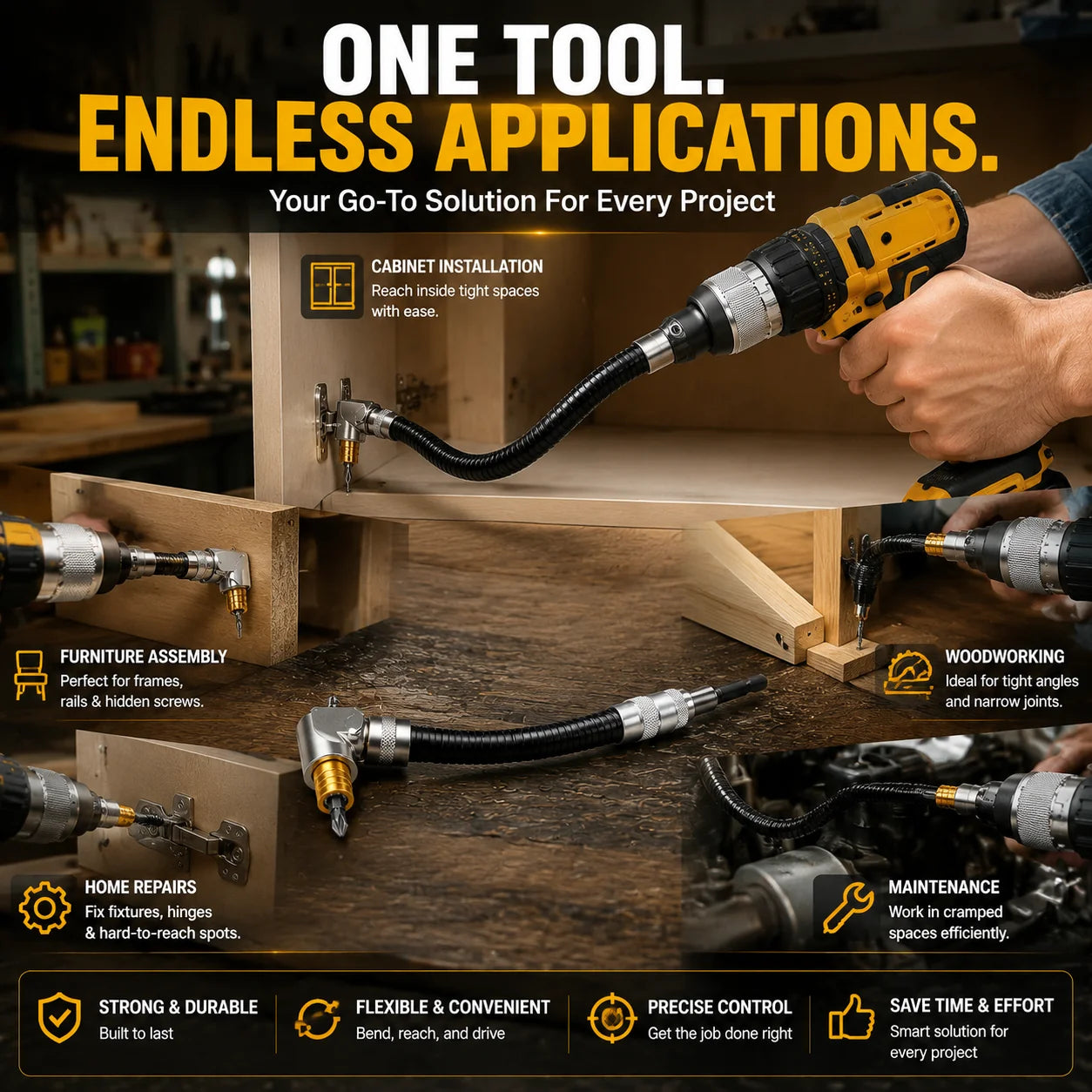 Purpose-Built Flexible 90° Right Angle Drill Attachment – Tight Space
