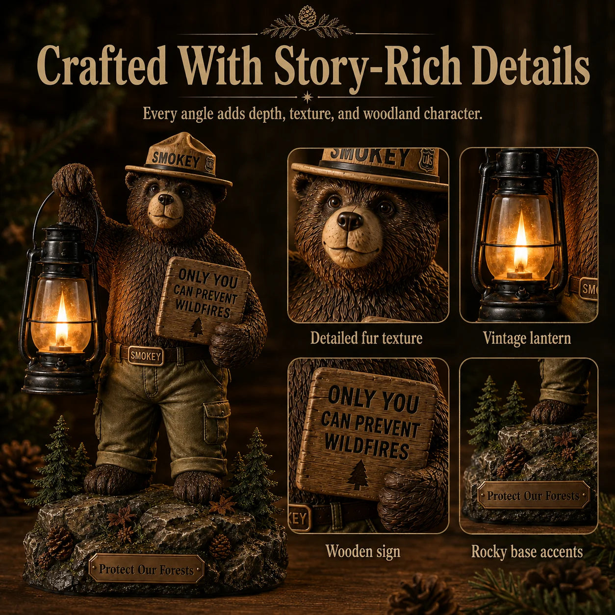Outdoor Solar Forest Ranger Bear Lantern Statue for Garden Display